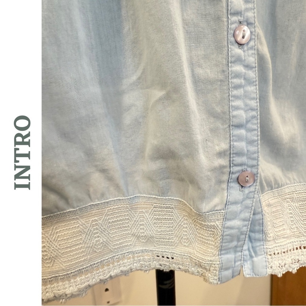 Intro Light Blue Lace Trim Blouse Medium Boho Top - Picture 7 of 9